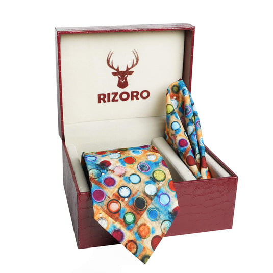 RIZORO Men Checkered Micro Fibre Necktie Gift Set With Pocket Square Cufflinks & Brooch Pin Formal Tie (Beige BURBGRB Free Size)