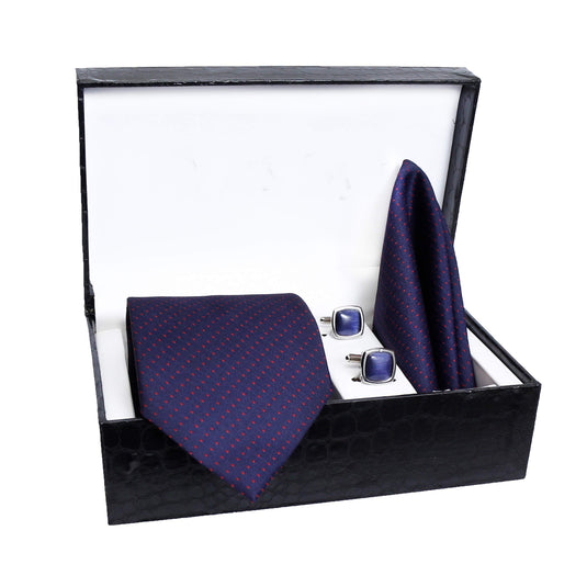 AXLON Men's Cotton Silk Necktie, Pocket Square and Cufflinks Combo (Blue, Free Size)