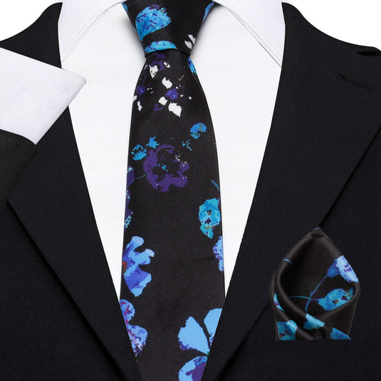 AXLONMicro Polyester Floral Necktie Set with Pocket Square and Brooch Pin (Black ,Free Size)