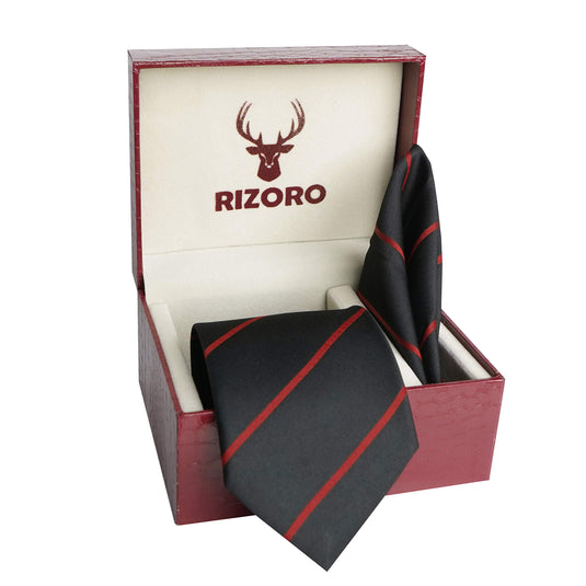 RIZORO Mens Plaid Stripped Silk Necktie Tie Gift Set With Pocket Square & Brooch Pin Formal Tie Set (S2RS, Free Size)