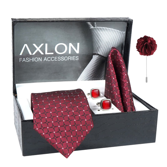 Axlon Men's Plaid Micro Wooven Silk Necktie Gift Set With Pocket Square Cufflinks & Brooch Pin Tie for Men Formal Tie Set with Gift Box (Pack of 4) (AX11_7, Maroon)