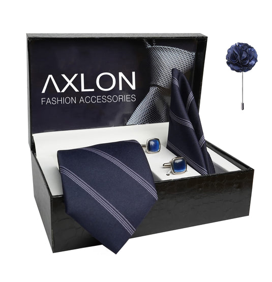 AXLON Mens Plaid Stripped Silk Necktie Gift Set With Pocket Square Cufflinks & Brooch Pin Tie For Men Formal With Leatherite Box (S6RX Free Size) | (Leather Gift Box) (Pack of 4)