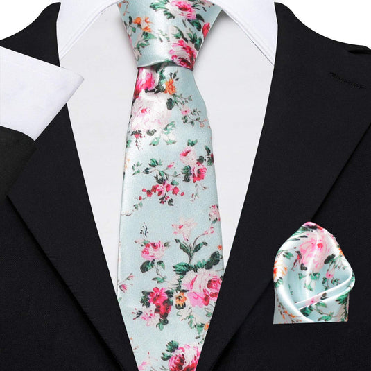 AXLON Men's Micro Polyester Floral Necktie Set with Pocket Square and Brooch Pin (Blue ,Free Size)