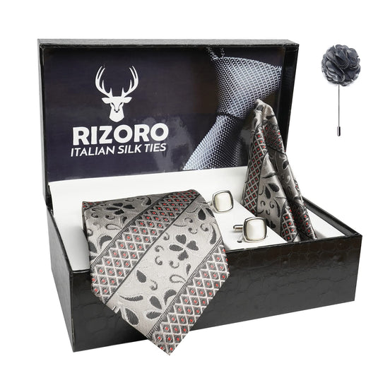 RIZORO Mens Plaid Pasiley Silk Necktie Gift Set With Pocket Square Cufflinks & Brooch Pin Formal Tie With Leatherite Box (AS1RX Free Size) | (Leather Gift Box) (Pack of 4)