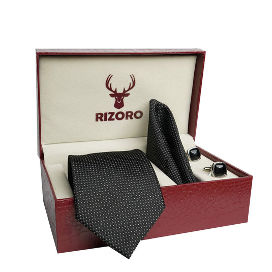 RIZORO Mens Plaid Dotted Silk Necktie Tie Gift Set With Pocket Square, Cufflinks & Brooch Pin Formal Tie With Leatherite Box (A10RB, Free Size)