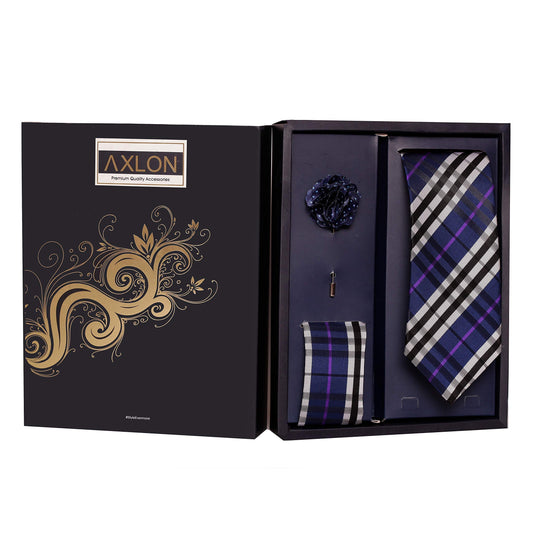 Axlon Men's Polyester Necktie Set with Pocket Square, Brooch Pin and Cufflinks (Free Size, Blue & Cream)