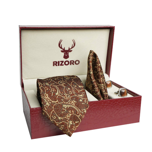 RIZORO Mens Plaid Pasiley Silk Necktie Tie Gift Set With Pocket Square, Cufflinks & Brooch Pin Formal Tie With Leatherite Box (PARRB, Free Size)