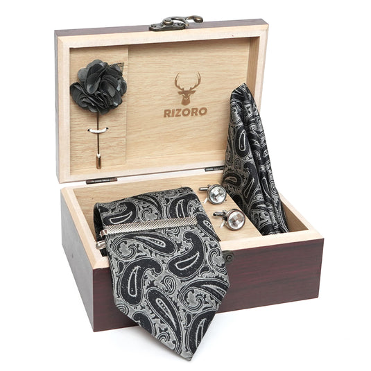 RIZORO Mens Plaid Micro Self Silk Paisley Black Necktie Gift Set With Pocket Square Cufflinks Brooch Pin Men Tie Clip Formal Tie With Wooden Box For Gifting (RW_27, Free Size)