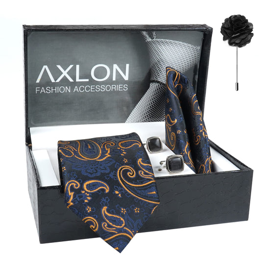 Axlon Men's Paisley Micro Wooven Silk Necktie Gift Set With Pocket Square Cufflinks & Brooch Pin Tie for Men Formal Tie Set with Box (Pack of 4) (AX11_10, Navy Blue Gold)