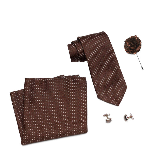 Axlon Men Formal/Casual Weaved Polyester Neck Tie Pocket Square Accessory Gift Set with Cufflinks and Brooch Pin - Brown (Free Size, ltr_825)