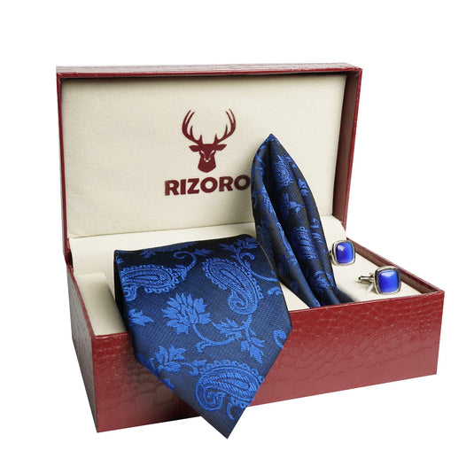 RIZORO Mens Plaid Pasiley Silk Necktie Tie Gift Set With Pocket Square, Cufflinks & Brooch Pin Formal Tie With Leatherite Box (214AMBRB, Free Size)