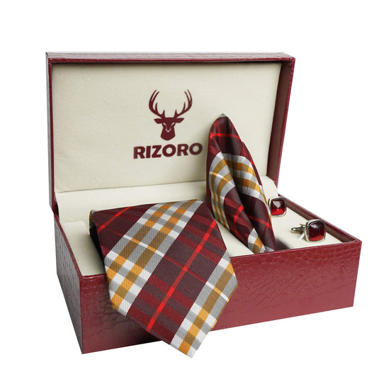 RIZORO Mens Plaid Checkered Silk Necktie Tie Gift Set With Pocket Square, Cufflinks & Brooch Pin Formal Tie With Leatherite Box (BURRB, Free Size)