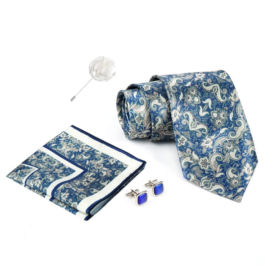 RIZORO Sky Blue Mens Paisley Micro Print Silk Necktie Gift Set With Pocket Square Cufflinks & Brooch Pin Formal Tie With Wooden Box Free Size | (Wooden Gift Box ) (Pack of 4) (RPL_48)