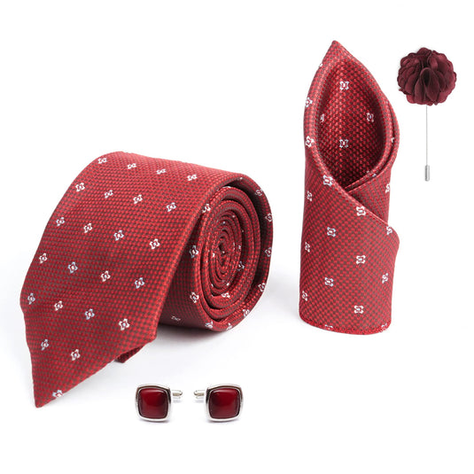 RIZORO Mens Plaid Dotted Silk Necktie Gift Set With Pocket Square Cufflinks & Brooch Pin Formal Tie With Leatherite Box (4D5RX Free Size) | (Leather Gift Box) (Pack of 4)