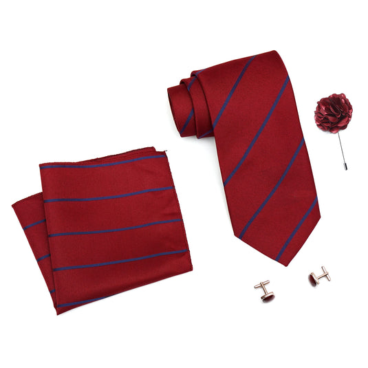 RIZORO Mens Plaid Stripped Silk Necktie Gift Set With Pocket Square Cufflinks & Brooch Pin Formal Tie With Leatherite Box (S2RX Free Size) | (Leather Gift Box) (Pack of 4)