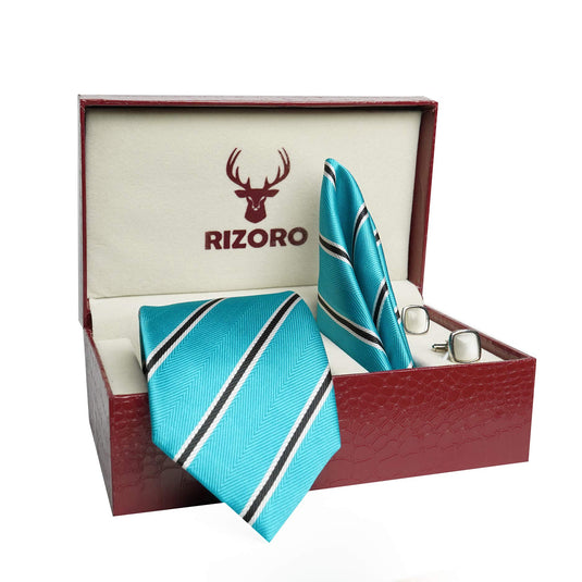 RIZORO Mens Plaid Stripped Silk Necktie Tie Gift Set With Pocket Square, Cufflinks & Brooch Pin Formal Tie With Leatherite Box (STRIPM3RB, Free Size)