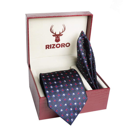 RIZORO Mens Plaid Dotted Silk Necktie Tie Gift Set With Pocket Square & Brooch Pin Formal Tie Set (M2BGRS, Free Size)