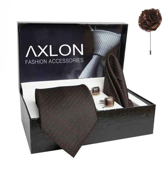 AXLON Mens Plaid Dotted Silk Necktie Gift Set With Pocket Square Cufflinks & Brooch Pin Tie For Men Formal With Leatherite Box (D1RX Free Size) | (Leather Gift Box) (Pack of 4)