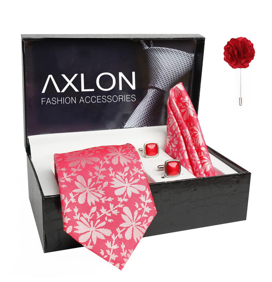 AXLON Mens Plaid Pasiley Silk Necktie Gift Set With Pocket Square Cufflinks & Brooch Pin Tie For Men Formal With Leatherite Box (PUNRX Free Size) | (Leather Gift Box) (Pack of 4)