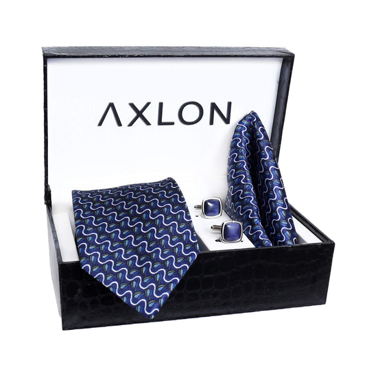 Axlon Men Formal/Casual Printed Satin Neck Tie Pocket Square Accessory Gift Set with Cufflinks and Brooch Pin - Blue (Free Size, ltr_807)