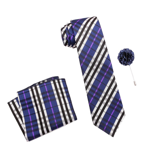 Axlon Men's Polyester Necktie Set with Pocket Square, Brooch Pin and Cufflinks (Free Size, Blue & Cream)