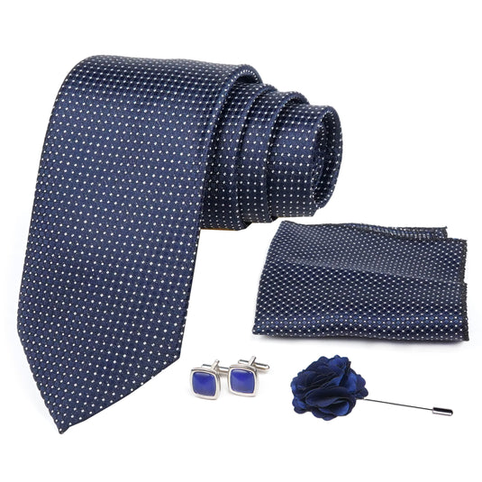 AXLON Mens Plaid Micro Self Silk Necktie Gift Set With Pocket Square Cufflinks & Brooch Pin Formal Tie With Box (SLKP_6, Blue)