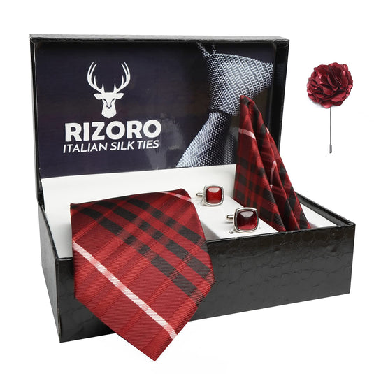 RIZORO Mens Plaid Checkered Silk Necktie Gift Set With Pocket Square Cufflinks & Brooch Pin Formal Tie With Leatherite Box (Red BURRDRX Free Size)