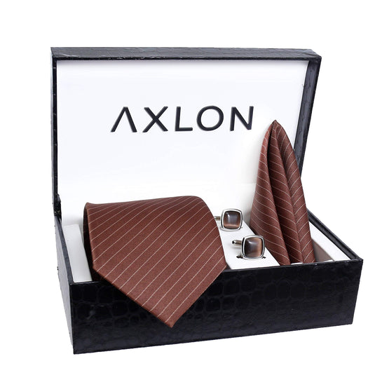 Axlon Men Formal/Casual Weaved Polyester Neck Tie Pocket Square Accessory Gift Set with Cufflinks and Brooch Pin - Brown (Free Size, ltr_833)