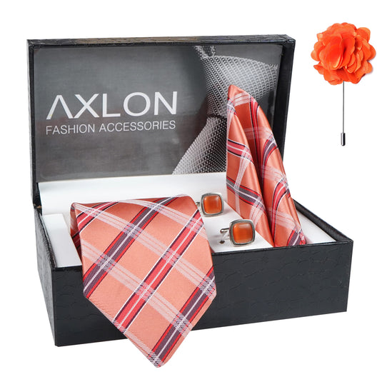 Axlon Men's Check Micro Wooven Silk Necktie Gift Set With Pocket Square Cufflinks & Brooch Pin Tie for Men Formal Tie Set with Box (Pack of 4) (AX11_14, Peach)