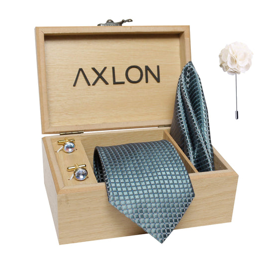 Axlon Men's Micro Polyester Dotted Necktie Set with Pocket Square, Brooch Pin and Cufflinks (Silver, Free Size)