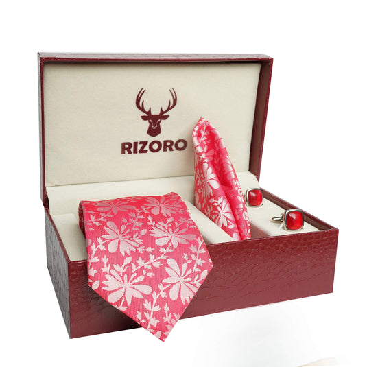 RIZORO Mens Plaid Pasiley Silk Necktie Tie Gift Set With Pocket Square, Cufflinks & Brooch Pin Formal Tie With Leatherite Box (PUNRB, Free Size)