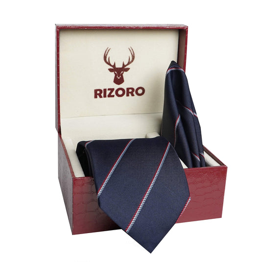 RIZORO Mens Plaid Stripped Silk Necktie Tie Gift Set With Pocket Square & Brooch Pin Formal Tie Set (S4RS, Free Size)