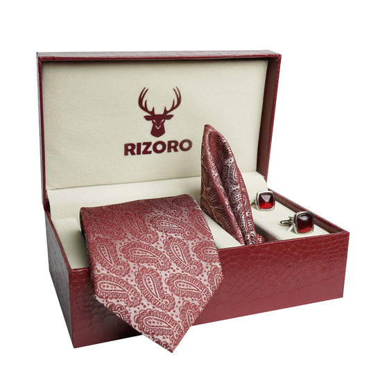 RIZORO Mens Plaid Pasiley Silk Necktie Tie Gift Set With Pocket Square, Cufflinks & Brooch Pin Formal Tie With Leatherite Box (AMBM1RB, Free Size)