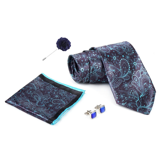 RIZORO Navy Blue Mens Paisley Micro Print Silk Necktie Gift Set With Pocket Square Cufflinks & Brooch Pin Formal Tie With Wooden Box Free Size | (Wooden Gift Box ) (Pack of 4) (RPL_33)