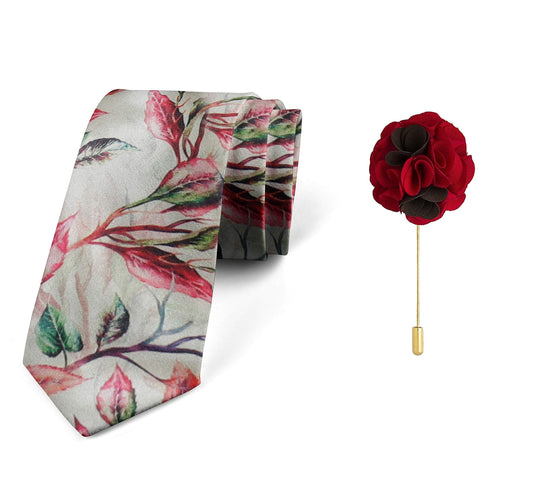 Axlon Men's Micro Polyester Floral Necktie Set with Pocket Square and Brooch Pin (Pink ,Free Size)