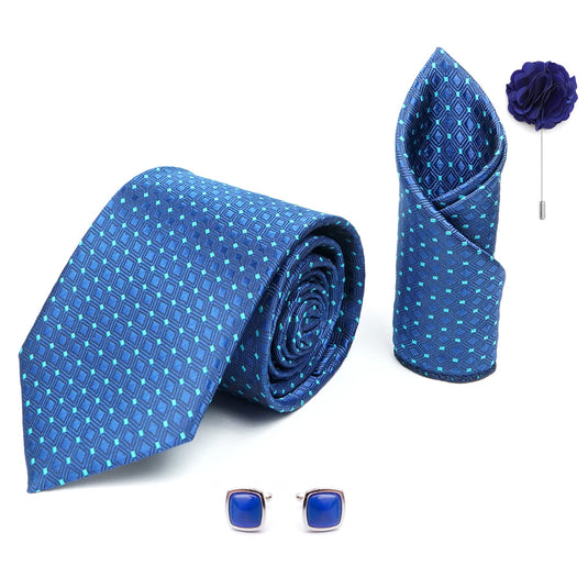 AXLONMens Plaid Dotted Silk Necktie Gift Set With Pocket Square Cufflinks & Brooch Pin Formal Tie With Leatherite Box (A13RX Free Size) | (Leather Gift Box) (Pack of 4)