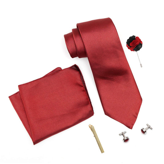 RIZORO Mens Plaid Micro Self Silk Solid Red Necktie Gift Set With Pocket Square Cufflinks Brooch Pin Men Tie Clip Formal Tie With Wooden Box For Gifting (RW_51, Free Size)