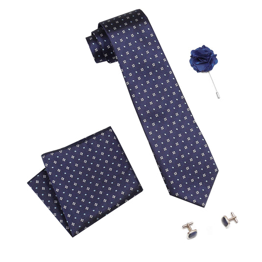 RIZORO Mens Plaid Dotted Silk Necktie Tie Gift Set With Pocket Square, Cufflinks & Brooch Pin Formal Tie With Leatherite Box (4D1RB, Free Size)