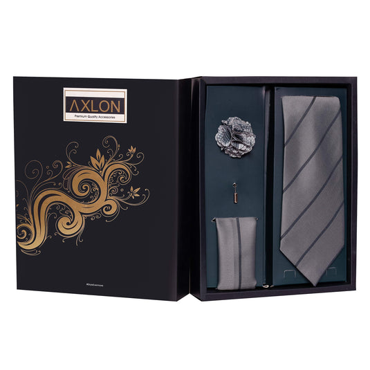 Axlon Men's Polyester Necktie Set, Pocket Square, Brooch Pin and Cufflinks (Free Size, Silver)