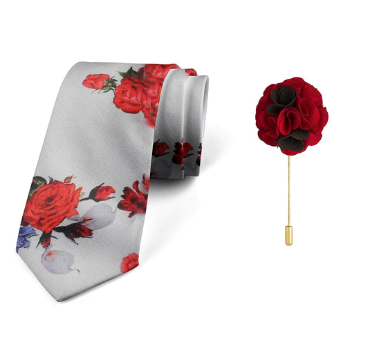 AXLON Men's Micro Polyester Floral Necktie Set with Pocket Square and Brooch Pin (Red ,Free Size)