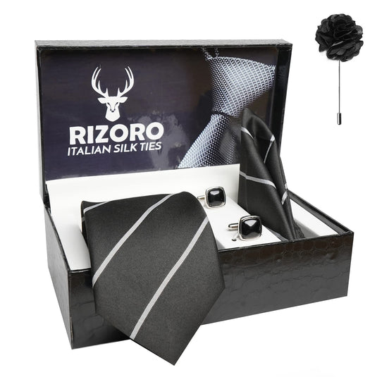 RIZORO Mens Plaid Stripped Silk Necktie Gift Set With Pocket Square Cufflinks & Brooch Pin Formal Tie With Leatherite Box (S2RX Free Size) | (Leather Gift Box) (Pack of 4)