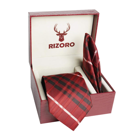 RIZORO Mens Plaid Checkered Silk Necktie Tie Gift Set With Pocket Square & Brooch Pin Formal Tie Set (Red, BURRDRS, Free Size)