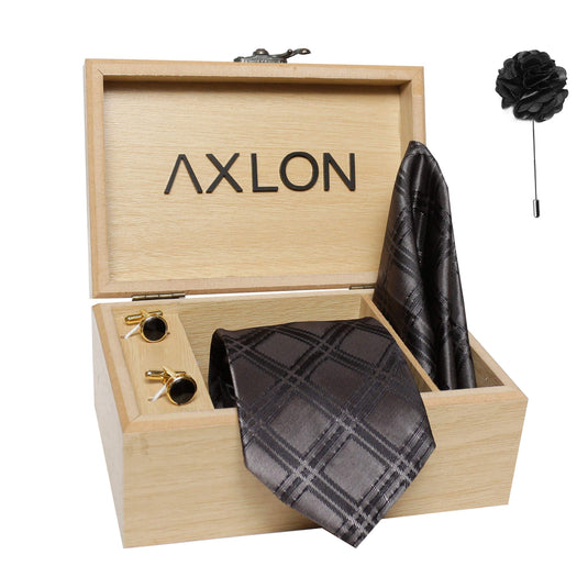 Axlon Men's Micro Polyester Broad Checks Necktie Set with Pocket Square, Brooch Pin and Cufflinks (Black, Free Size)