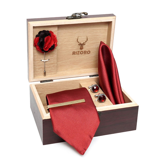 RIZORO Mens Plaid Micro Self Silk Solid Red Necktie Gift Set With Pocket Square Cufflinks Brooch Pin Men Tie Clip Formal Tie With Wooden Box For Gifting (RW_51, Free Size)