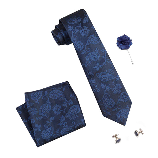 AXLON Men's Micro Polyester Casual Formal Printed Necktie Set with Pocket Square, Brooch Pin and Cufflinks in Wooden Box (Free Size)