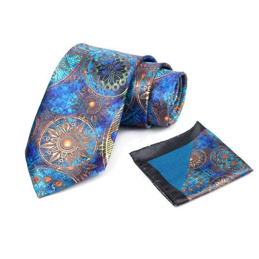 Axlon Mens Printed Silk Necktie Set With Panel Print Pocket Square Ties For Men Formal (Electric Blue, FDAX_9)