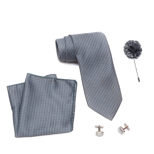 AXLON Men's Dotted Micro Polyester Necktie Set with Pocket Square, Brooch Pin and Cufflinks (Free Size)