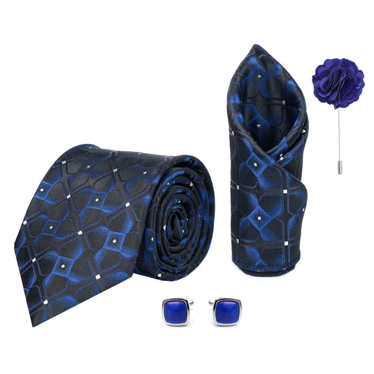 Axlon Men's 3D Micro Wooven Silk Necktie Gift Set With Pocket Square Cufflinks & Brooch Pin Tie for Men Formal Tie Set with Box (Pack of 4) (AX11_9, Navy Blue)