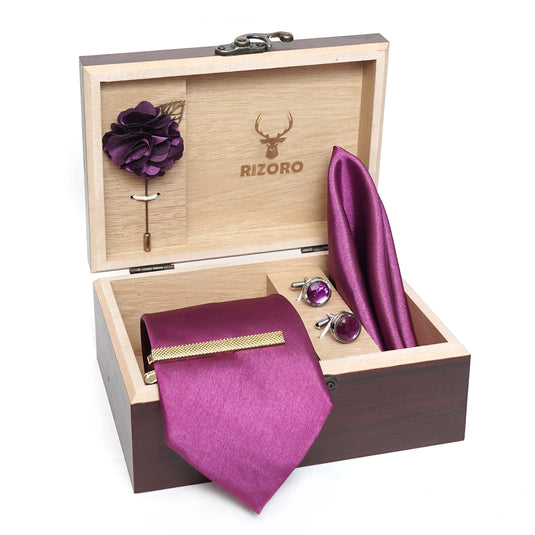 RIZORO Mens Plaid Micro Self Silk Solid Purple Necktie Gift Set With Pocket Square Cufflinks Brooch Pin Men Tie Clip Formal Tie With Wooden Box For Gifting (RW_50, Free Size)