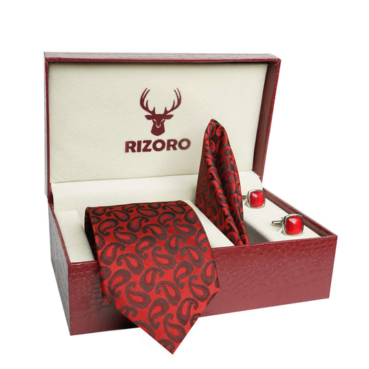 RIZORO Mens Plaid Pasiley Silk Necktie Tie Gift Set With Pocket Square, Cufflinks & Brooch Pin Formal Tie With Leatherite Box (AMBI2RB, Free Size)